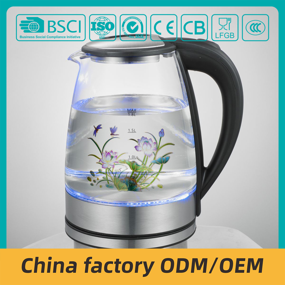 Glass electric kettle with Thermochromic flower OEM